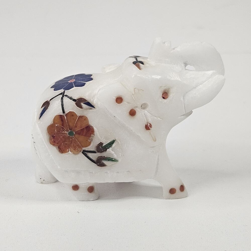 Vintage MCM Lucky Elephant Figurines Artisan Carved White Marble